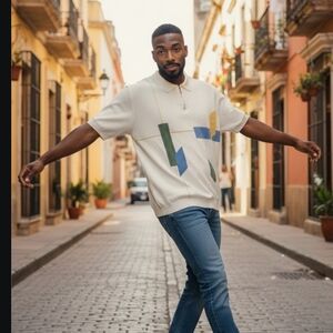 Stylish White Polo Shirt with Geometric Design